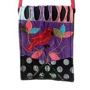 Crossbody bag. Colorful with Red Bird. Hippie, hobo, boho, festival style.